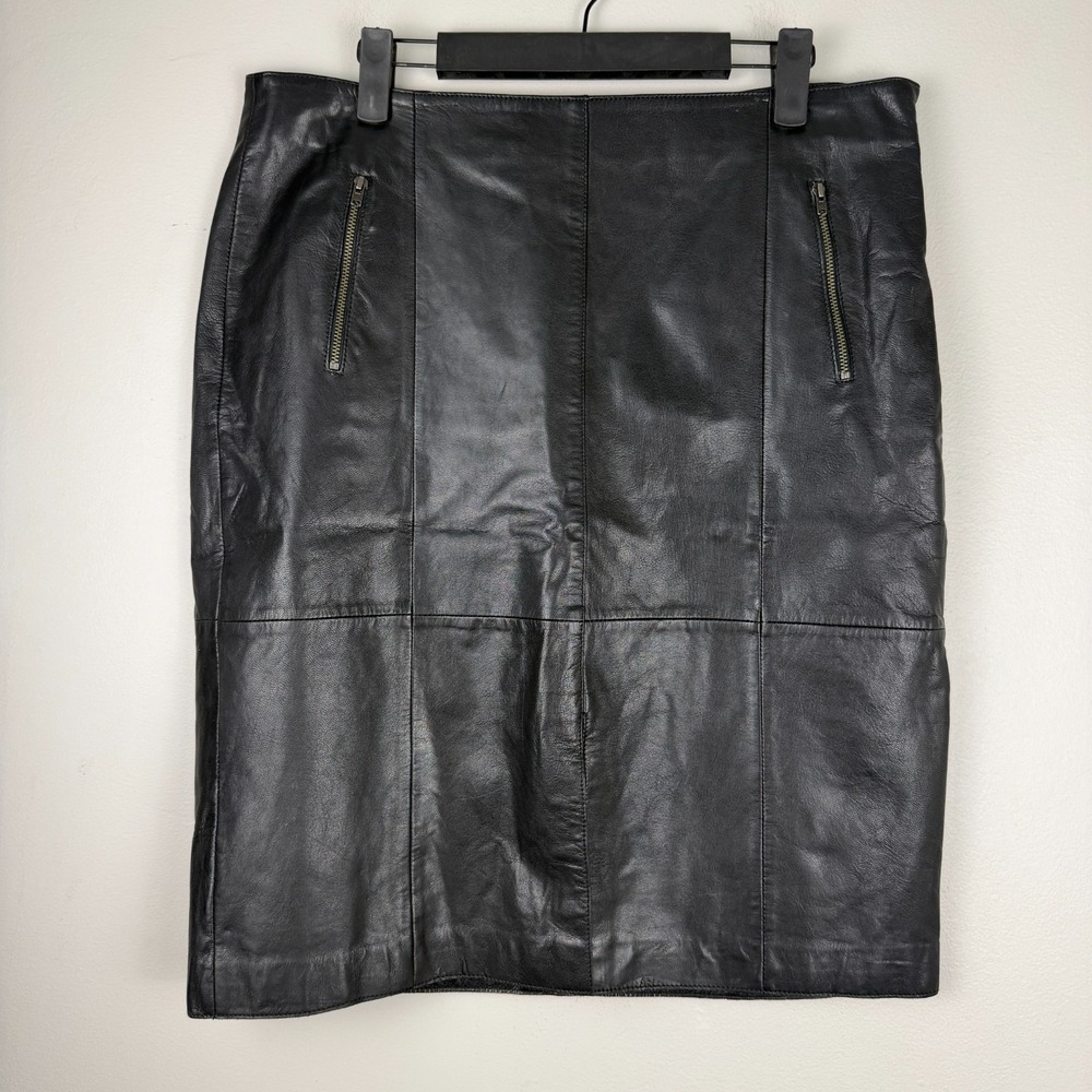 Halogen Pencil Skirt Women's 12 Black 100% Leather Knee Length Zip Pockets Party